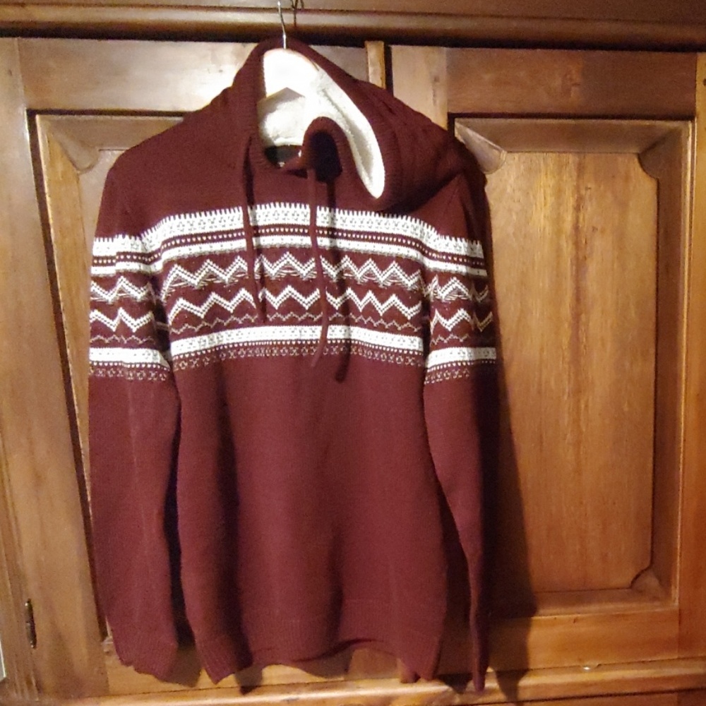 River Island Dark Red Fairisle Knit Hooded Jumper